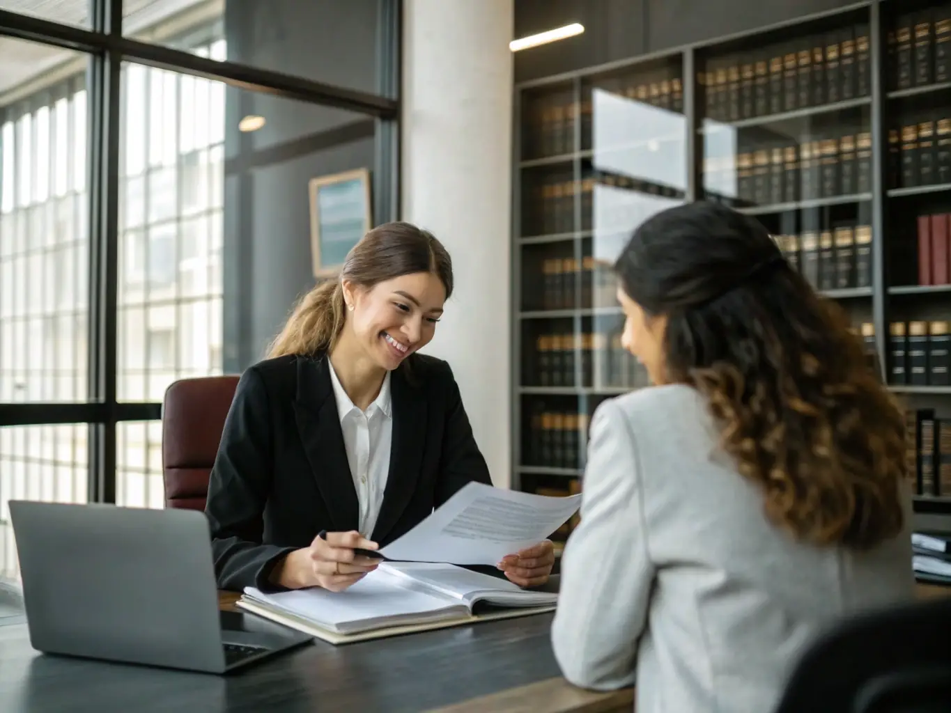 A lawyer reviewing a property sale agreement in a well-lit office, highlighting the secure transfer of property ownership.