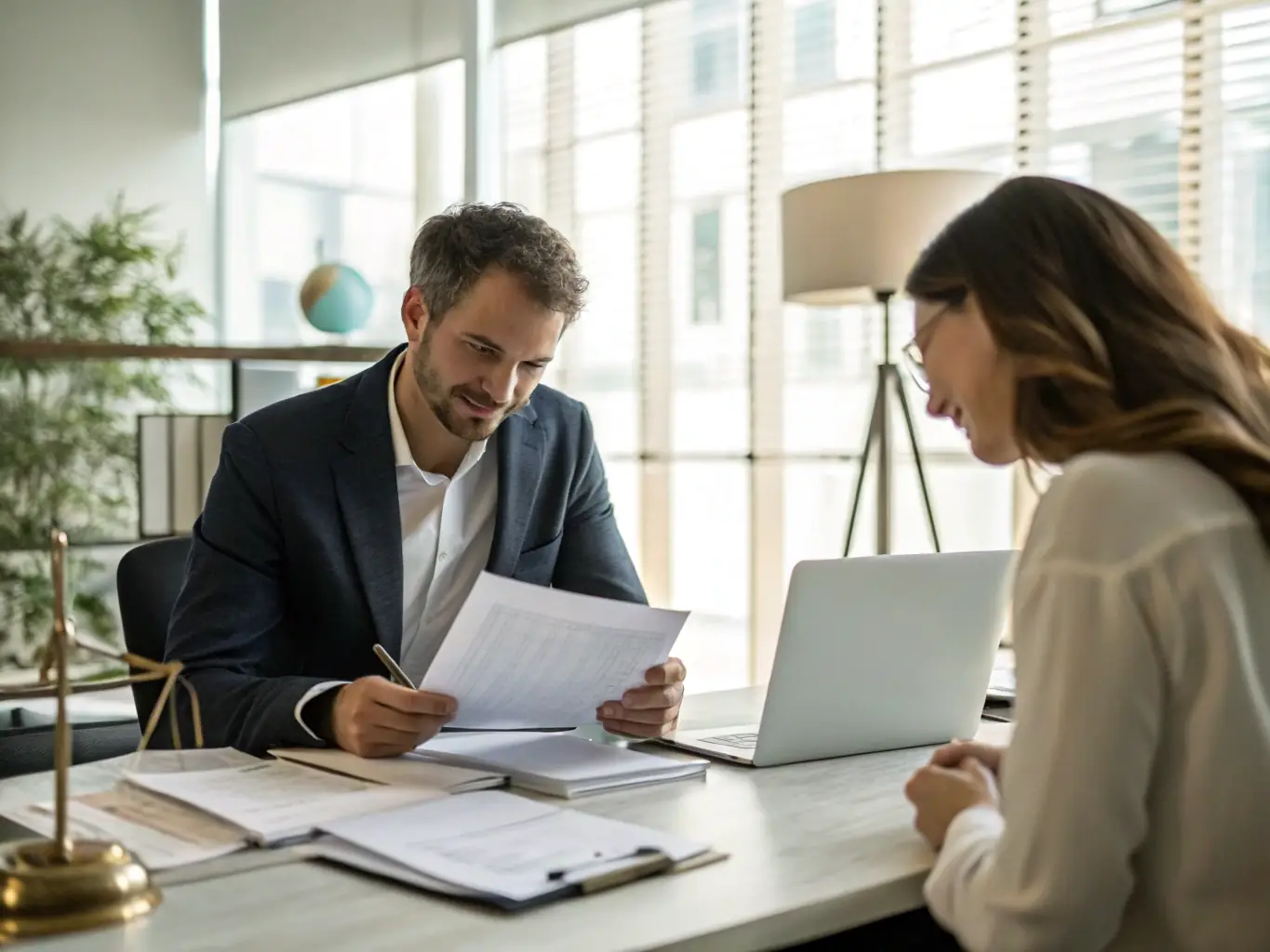 A legal expert providing consultation in a modern office setting, focusing on legal due diligence and compliance checks.