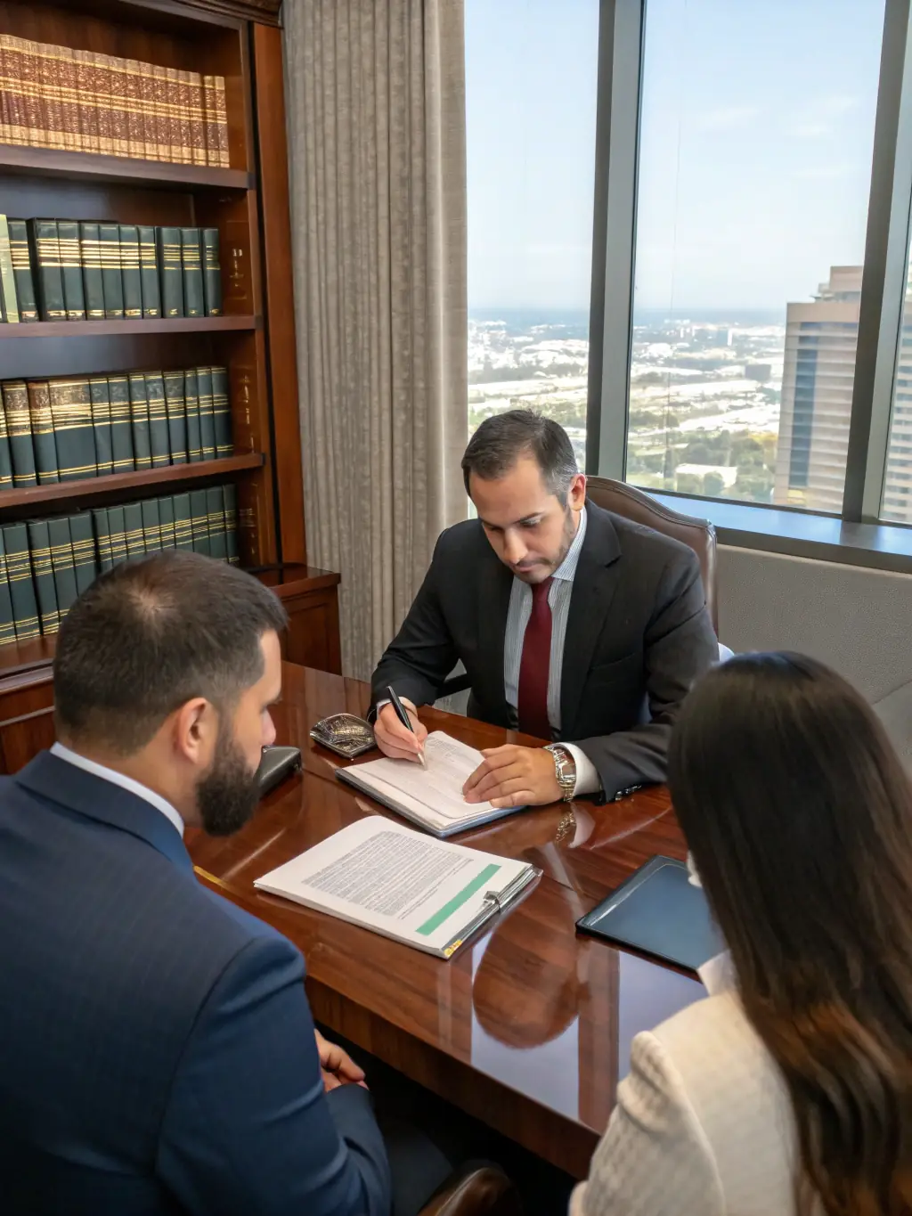 An image of a lawyer reviewing property documents with clients in an office setting, symbolizing legal support for property purchase.