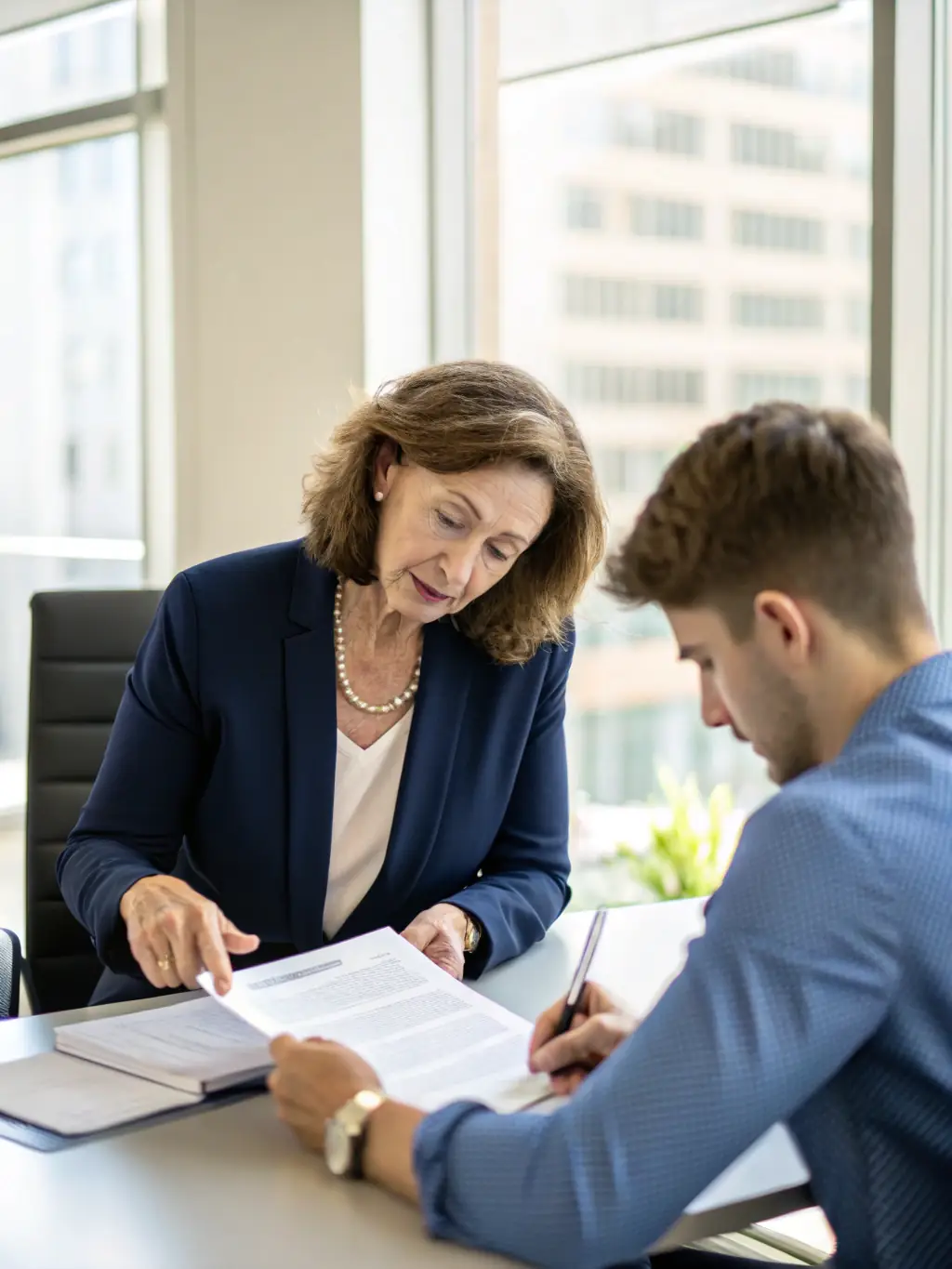 An image of a lawyer consulting with clients over property documents and a laptop, illustrating legal consultation for real estate transactions.