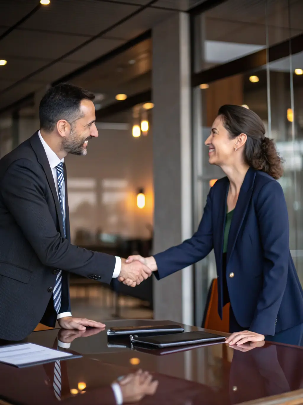 A handshake between two people in a professional setting, symbolizing DeedPath Legal's client-centric approach and commitment to building trust.