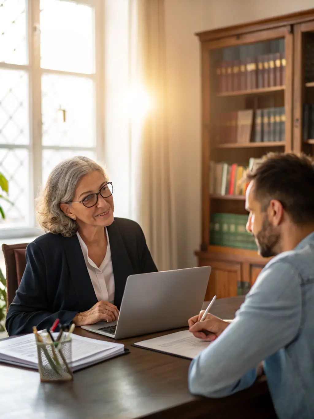 A lawyer reviewing a property sale agreement with a client in a bright, modern office, emphasizing trust and expertise in property sale legal assistance.