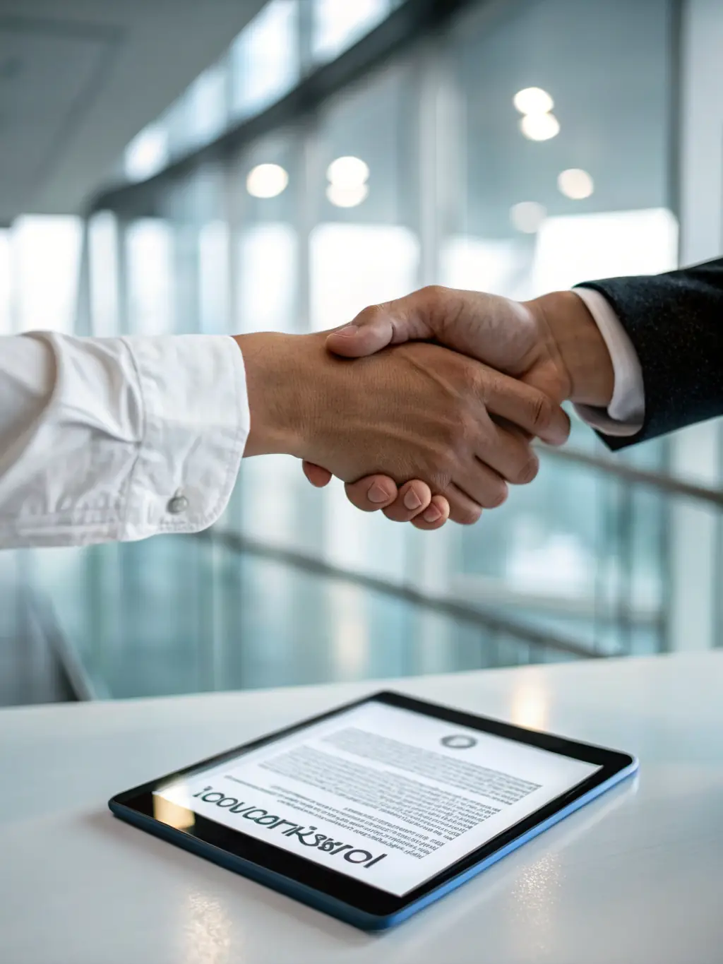 An image of a handshake over a signed legal document with a property in the background, representing property sale legal assistance.