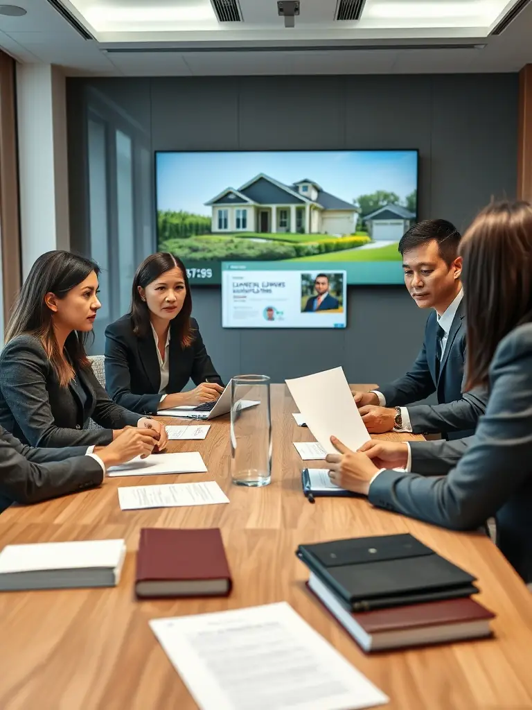 A diverse team of legal professionals collaborating in a modern office, symbolizing comprehensive real estate management legal services.